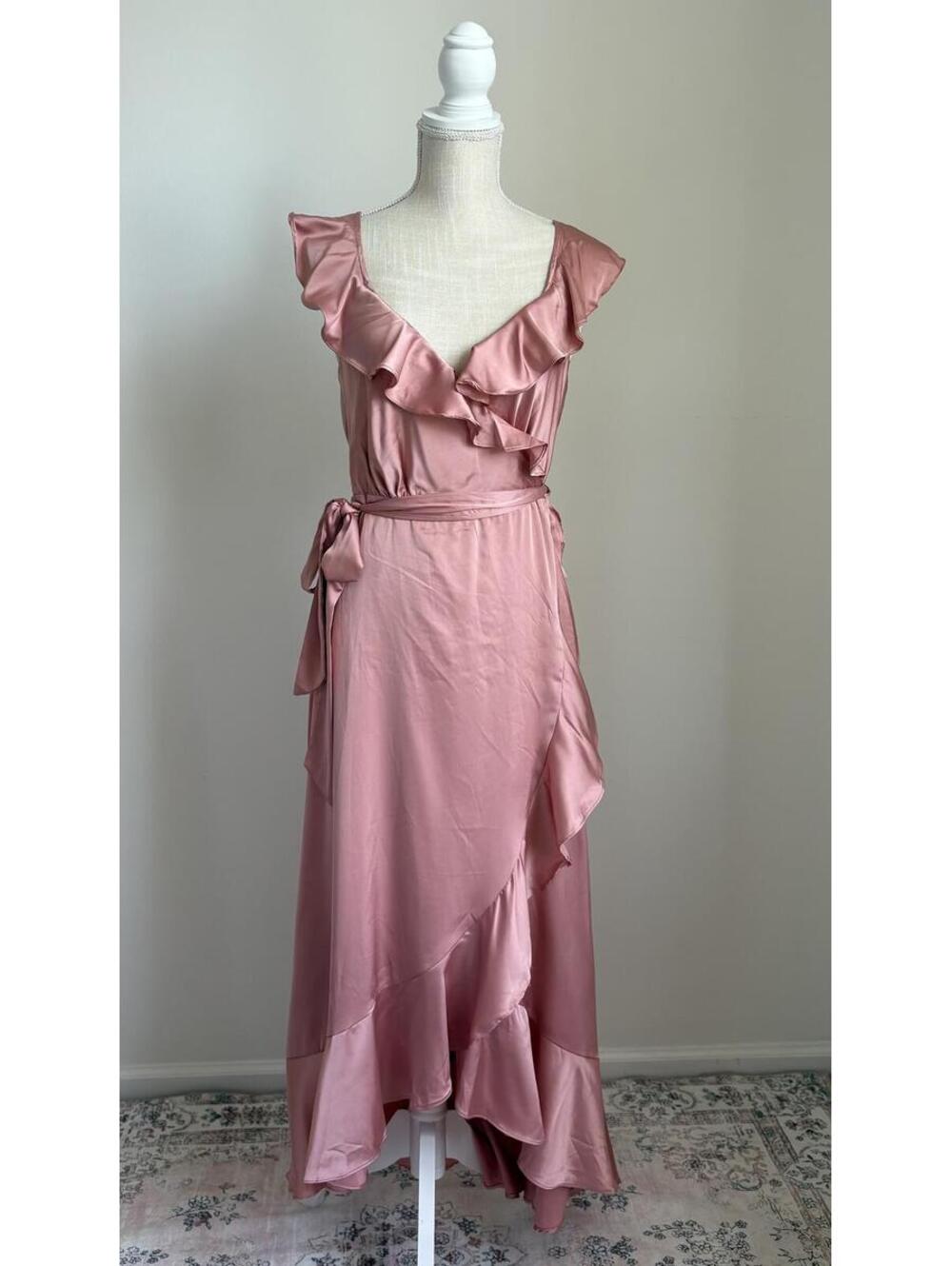 ASTR Romantic Dusty Pink Satin Ruffle Maxi Wrap Dress Size M